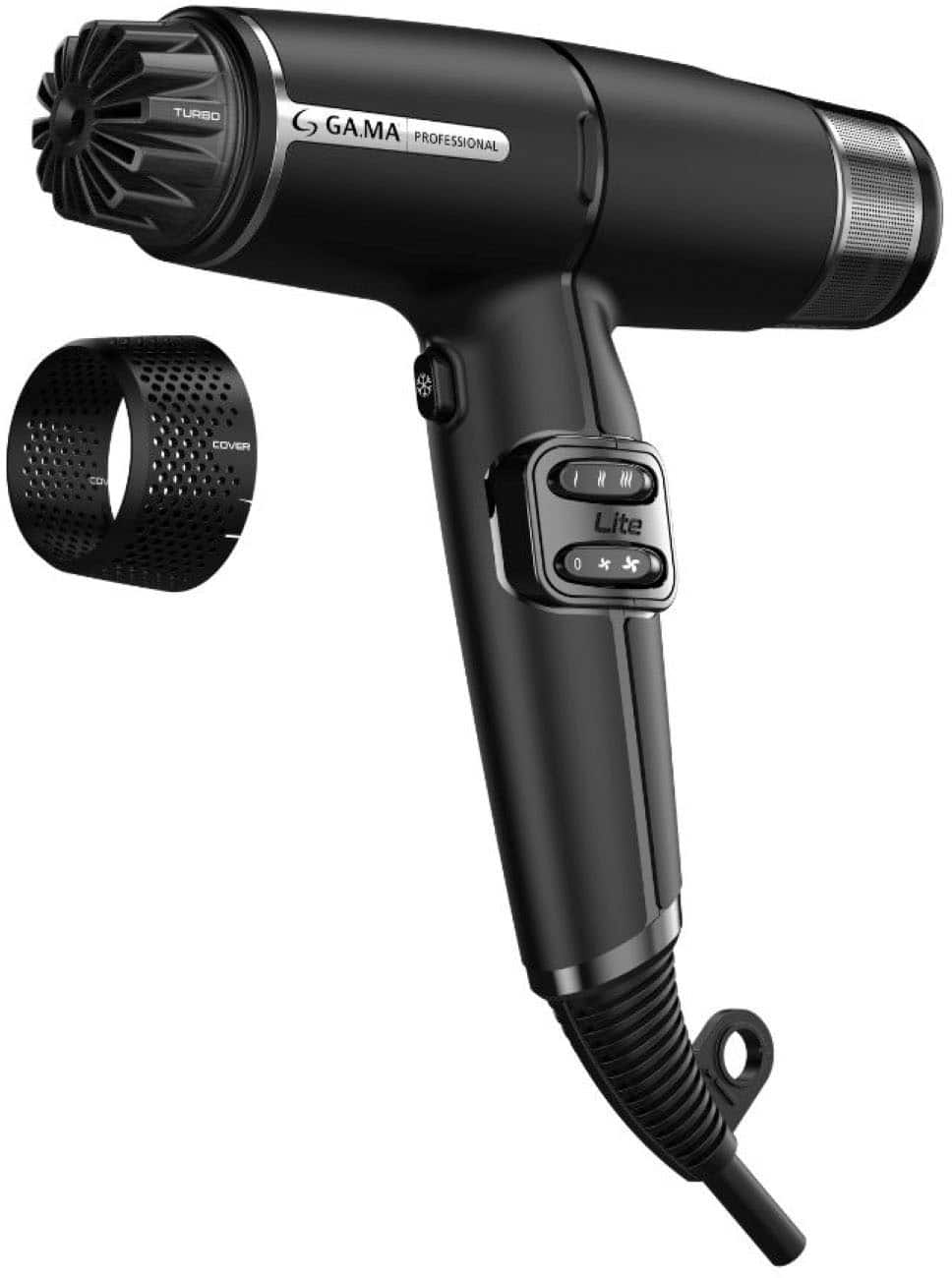 The image features a black hair dryer with a black brush attachment. The hair dryer has a silver logo on it. The brush attachment is designed to help with styling and detangling hair. The hair dryer and brush are both black in color.