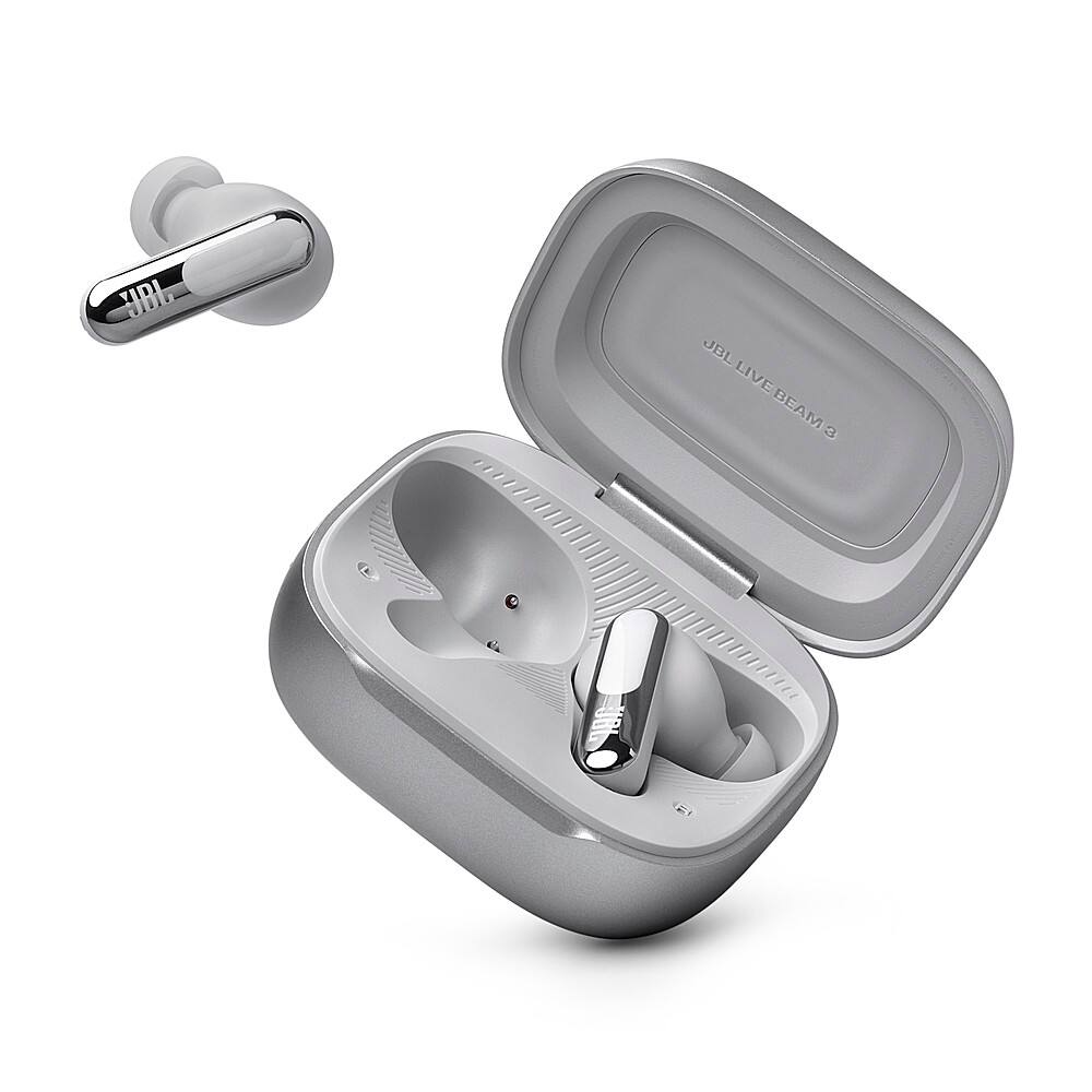 The image features a white JBL Live Beam 3 earbud in its case. The earbud is a wireless device that can be used for listening to music or making phone calls. The case is designed to protect the earbud when it is not in use, and it also serves as a charging station for the device. The earbud is placed inside the case, and the case is open, revealing the earbud.