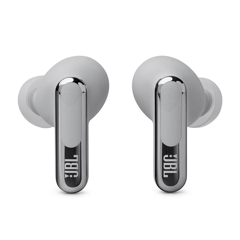 The image features two JBL earphones, each with a silver and black color scheme. They are designed to be worn in the ears and are likely used for listening to music or making phone calls. The earphones are placed side by side, showcasing their similar appearance and design.