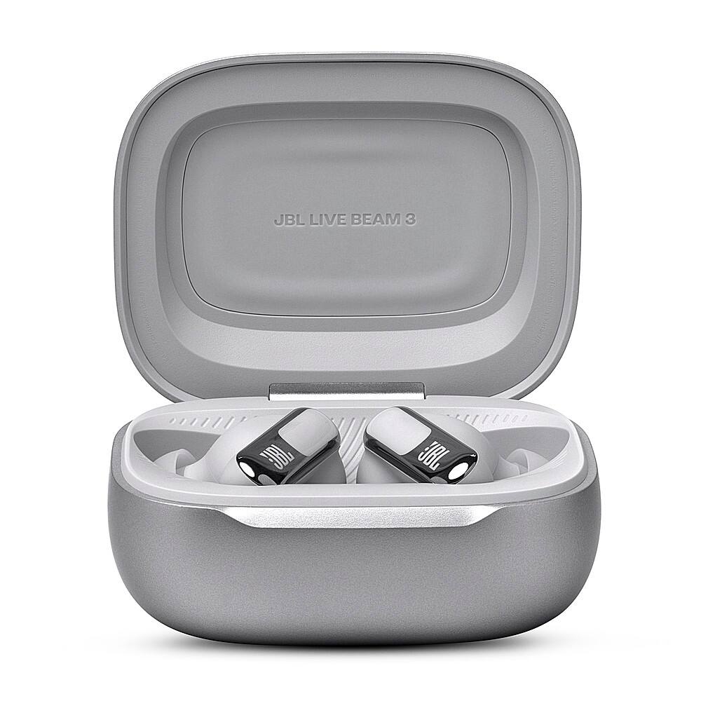 The image features a JBL Live Beam 3 earbud case with two earbuds inside. The case is open, revealing the earbuds, which are designed for comfortable listening and hands-free calls. The earbuds are placed inside the case, ready for use.