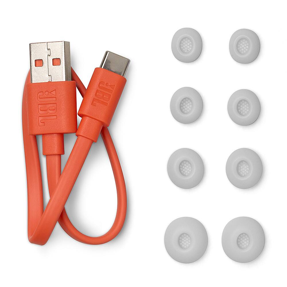 The image features a USB cable with an orange cord and a USB plug. The cable is connected to a JBL speaker, which is a popular brand known for its audio products. The cable is designed to connect the speaker to a device, such as a smartphone or tablet, for charging or data transfer. The JBL speaker is a portable and convenient solution for users who want to enjoy high-quality audio on the go.