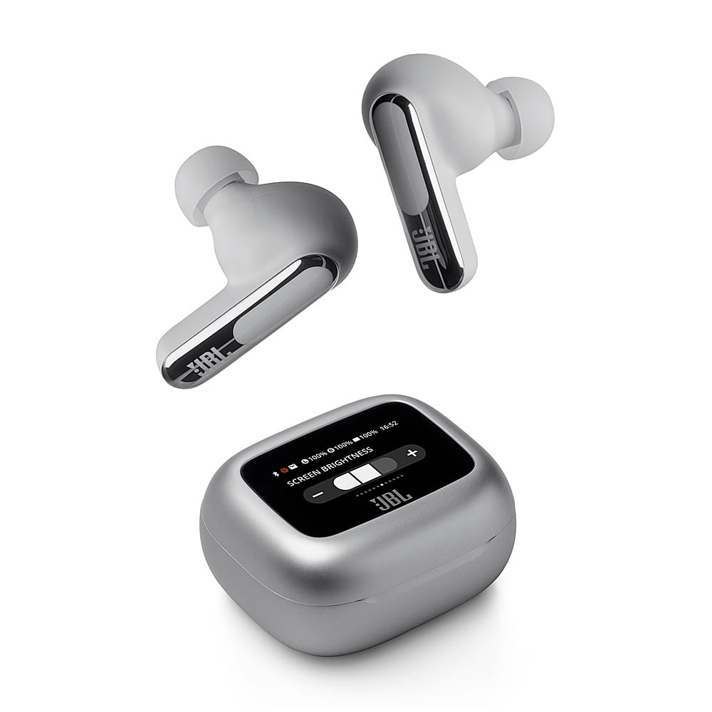 The image features a pair of earbuds with a control box and a small screen. The control box has a display that shows the battery life, which is currently at 100%. The earbuds are designed for use with a smartphone or other devices, and they are placed on top of the control box. The earbuds are positioned in such a way that they are easily accessible and ready for use.