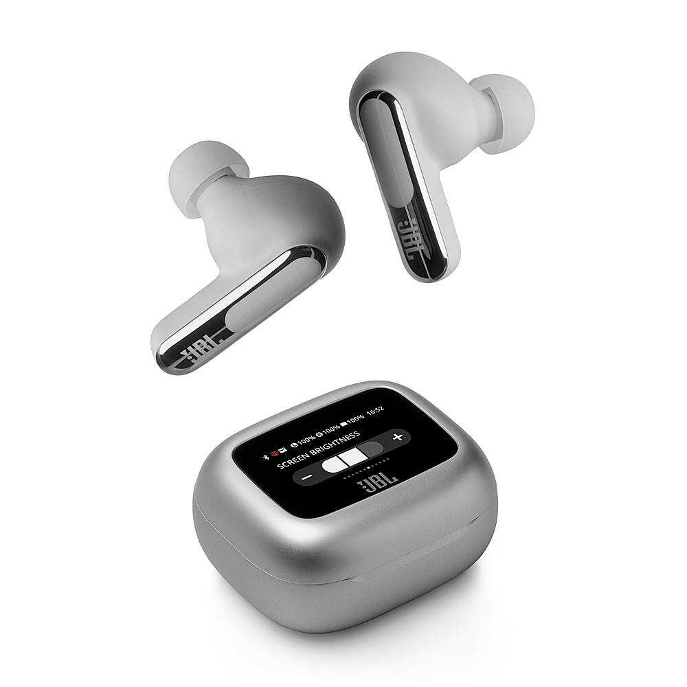 The image features a pair of earbuds with a control box and a small screen. The control box has a display that shows the battery life, which is currently at 100%. The earbuds are designed for use with a smartphone or other devices, and they are placed on top of the control box. The earbuds are positioned in such a way that they are easily accessible and ready for use.