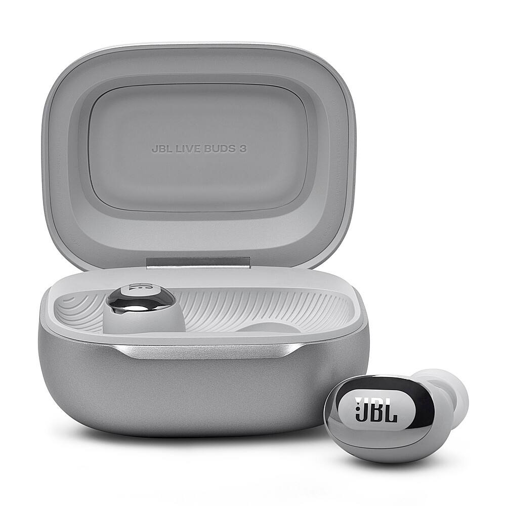 The image features a JBL Live Buds 3 earbud and a charging case. The earbud is placed inside the case, which is open and ready for use. The case is white and gray in color, and the earbud is designed for comfortable and secure fit in the user's ear. The JBL Live Buds 3 is a wireless earbud that offers a high-quality audio experience and is ideal for users who want to enjoy their music or podcasts on the go.