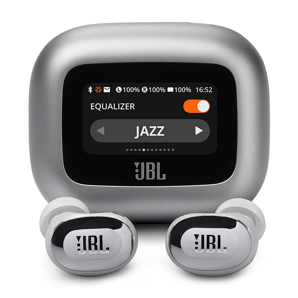 The image features a JBL Equalizer device with a Jazz setting. The device is accompanied by two JBL earbuds, which are placed next to the equalizer. The image also shows the time of 16:52 on the device.