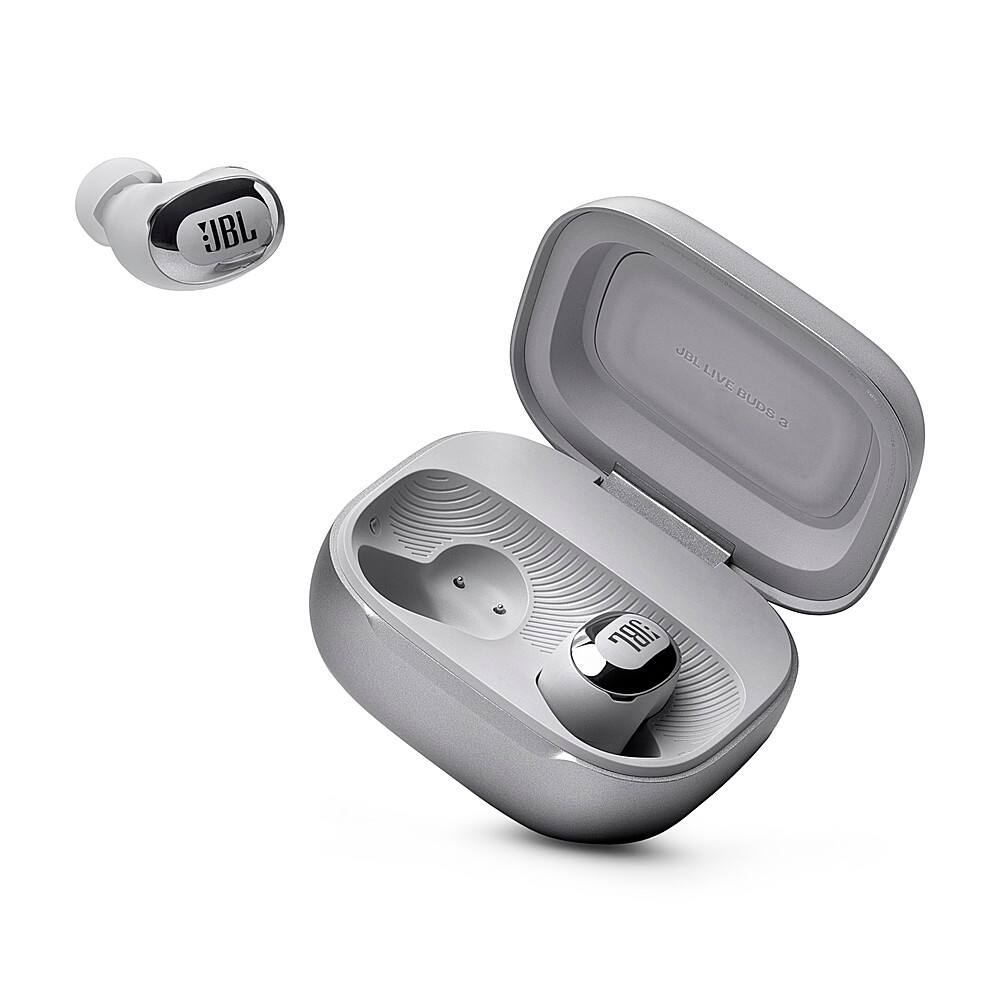 The image features a pair of earbuds in a case, with the earbuds being white and grey. The earbuds are placed inside a grey case, which is open to reveal the earbuds. The case is designed to hold the earbuds securely and protect them when not in use. The earbuds are likely used for listening to music or making phone calls, providing a convenient and portable solution for personal audio needs.