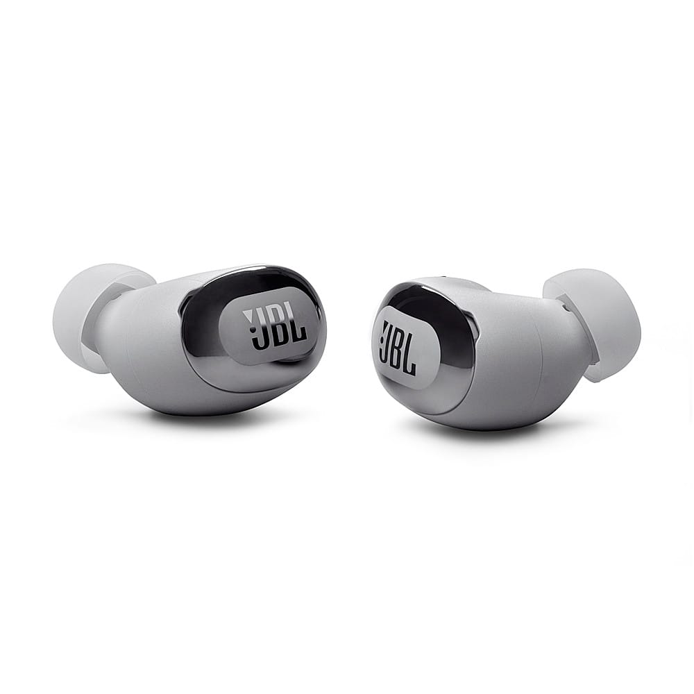The image features a pair of earbuds with the letters "JBL" written on them. The earbuds are grey in color and are placed next to each other on a white background.