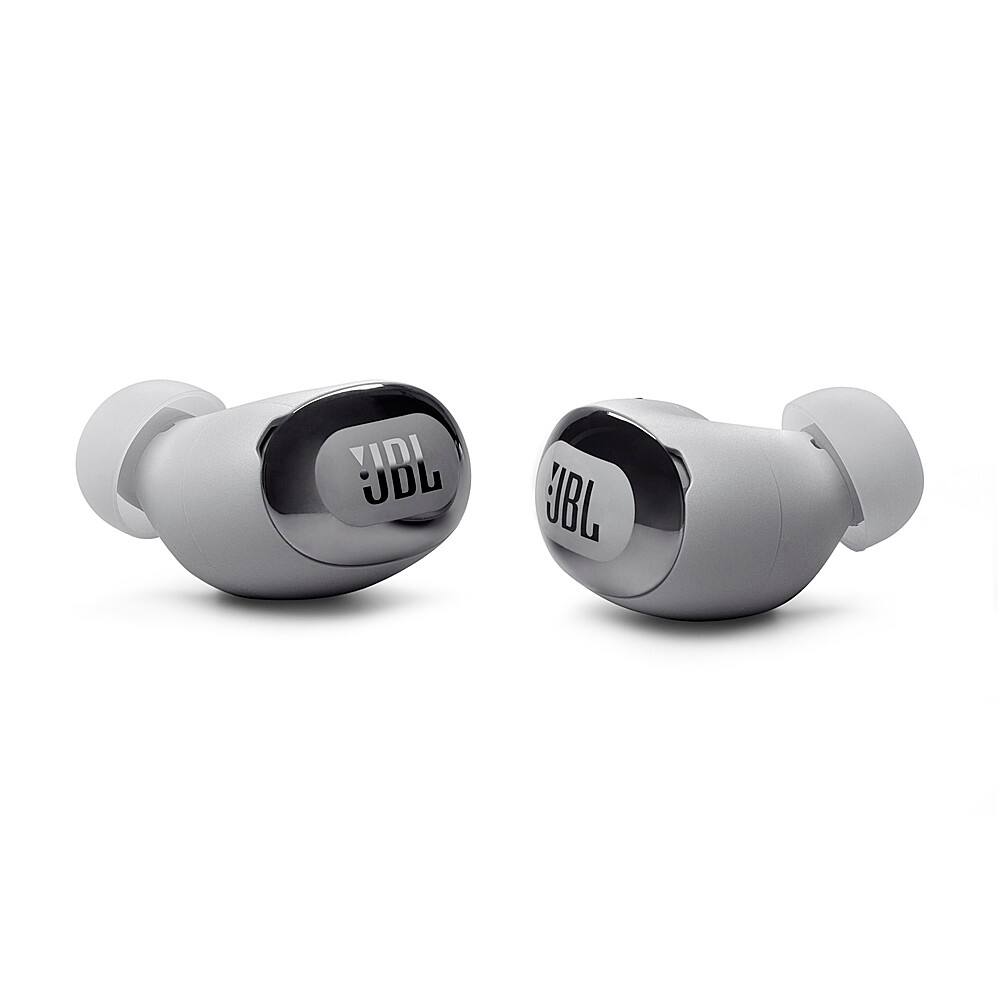 The image features a pair of earbuds with the letters "JBL" written on them. The earbuds are grey in color and are placed next to each other on a white background.