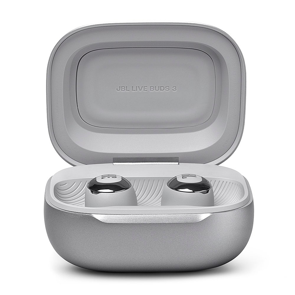The image features a pair of JBL Live Buds 3 earbuds in their case. The earbuds are white and have a sleek design. They are placed inside the case, which is also white and has a lid. The case is open, showcasing the earbuds inside.