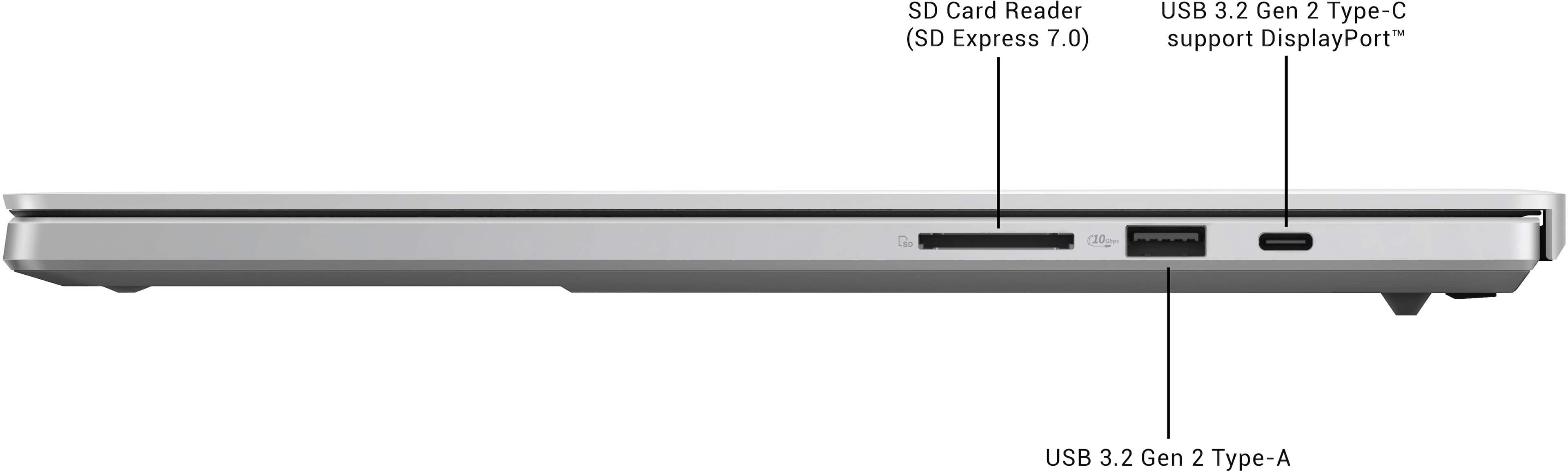 The image shows a laptop with a USB 3.2 Gen 2 Type-A port and an SD Card Reader (SD Express 7.0) on the side. The laptop also supports DisplayPort.