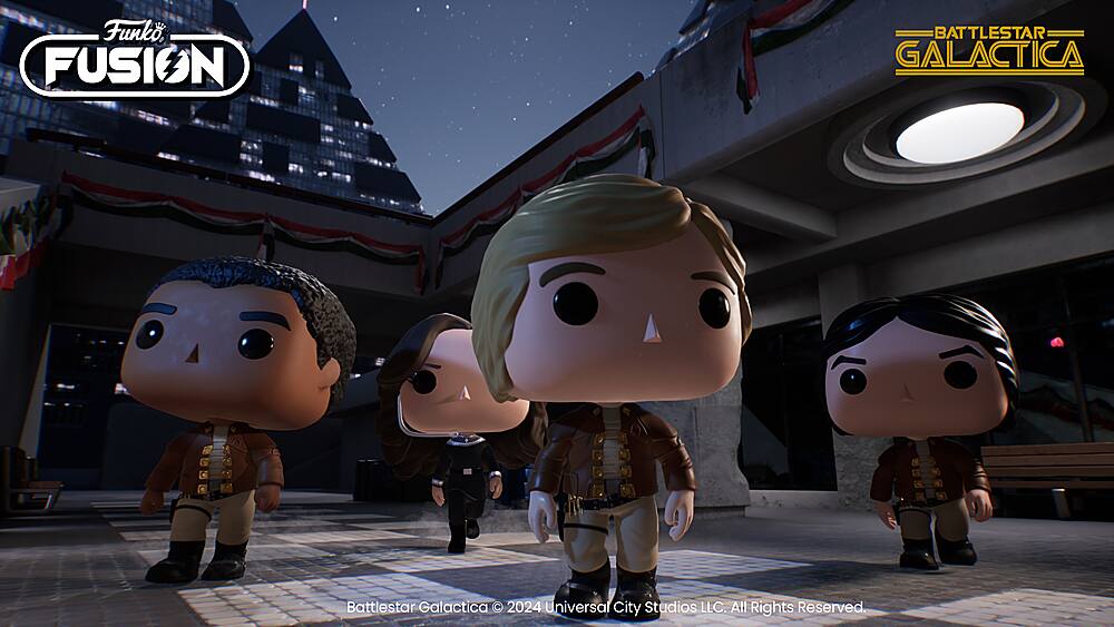 The largest text reads "Funko" and is located at the top left corner of the image. The following text reads "FUSION BATTLESTAR GALACTICA Battlestar Galactica 2024 Universal City Studios LLC. All Rights Reserved." and is placed at the bottom right corner of the image.