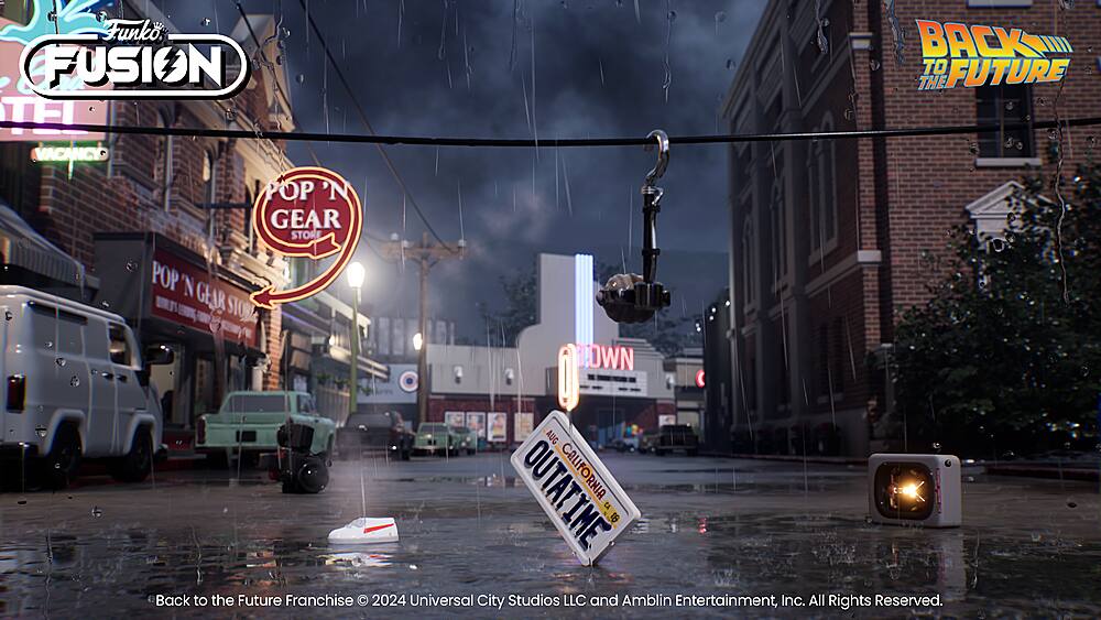 The image features a city street with a sign for the Pop 'N Gear store. There is a white sign on the street that says "Outatime." The scene appears to be rainy, and there is a puddle on the street. A car is parked on the side of the street, and a person is standing nearby. The image also features a couple of other signs, one of which is a "Back to the Future" sign.