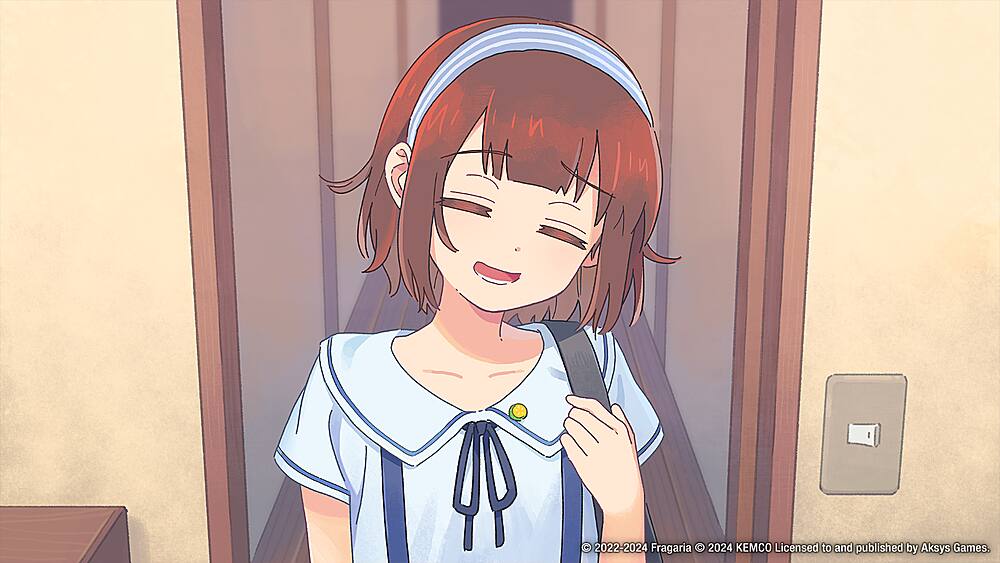 The image features a young girl wearing a blue headband and a white shirt. She is holding a black item, possibly a book or a cell phone, and appears to be looking at it with a surprised expression. The girl is standing in a doorway, possibly in a hallway. The image is a still frame from a video game, and it is licensed to and published by Aksys Games. The copyright information for the image is 2022-2024 Fragaria.