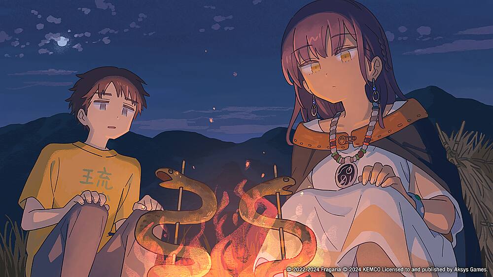 The image features a man and a woman sitting by a fire, with the woman wearing a white dress. The man is sitting on the left side of the image, while the woman is on the right. The fire appears to be a source of warmth and companionship for the two individuals. The image is likely part of a larger story or setting, as it is described as a "cartoon."