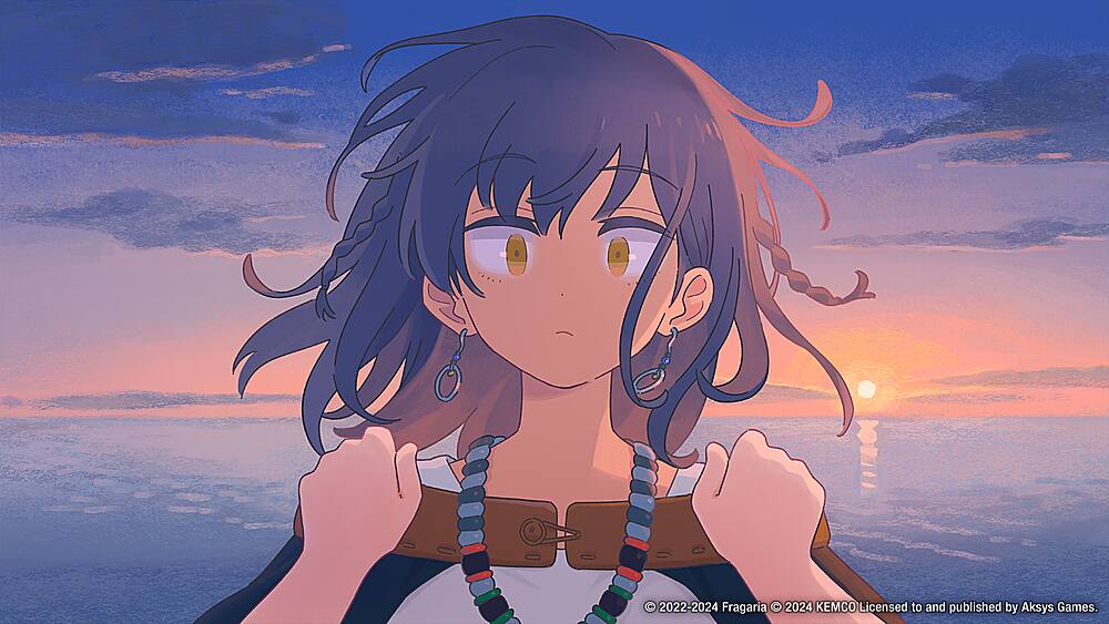 The image features a woman with long hair and a necklace, standing by the ocean. The sun is setting in the background, creating a beautiful and serene atmosphere. The image is likely from a video game, as it is described as a "video game character." The text "2022-2024 Fragaria" and "2024 KEMCO Licensed to and published by Aksys Games" are not directly related to the image and may be unrelated or unrelated to the context of the image.