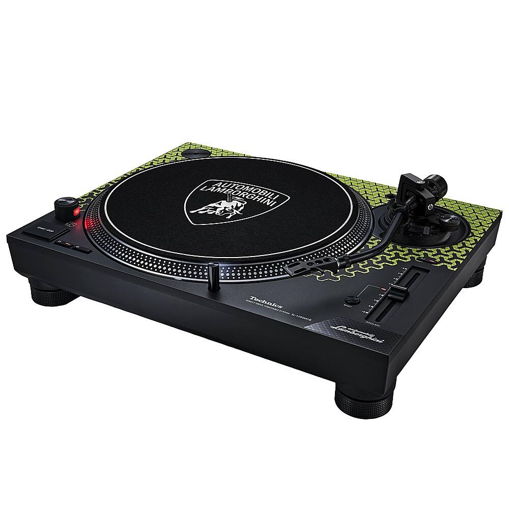 The image features a black turntable with a green and black record player, which is placed on a black stand. The turntable is designed by Numark and is equipped with a green and black record player. The record player is ready to play, and it is placed on a black stand, making it a stylish and functional piece of equipment for any music enthusiast.