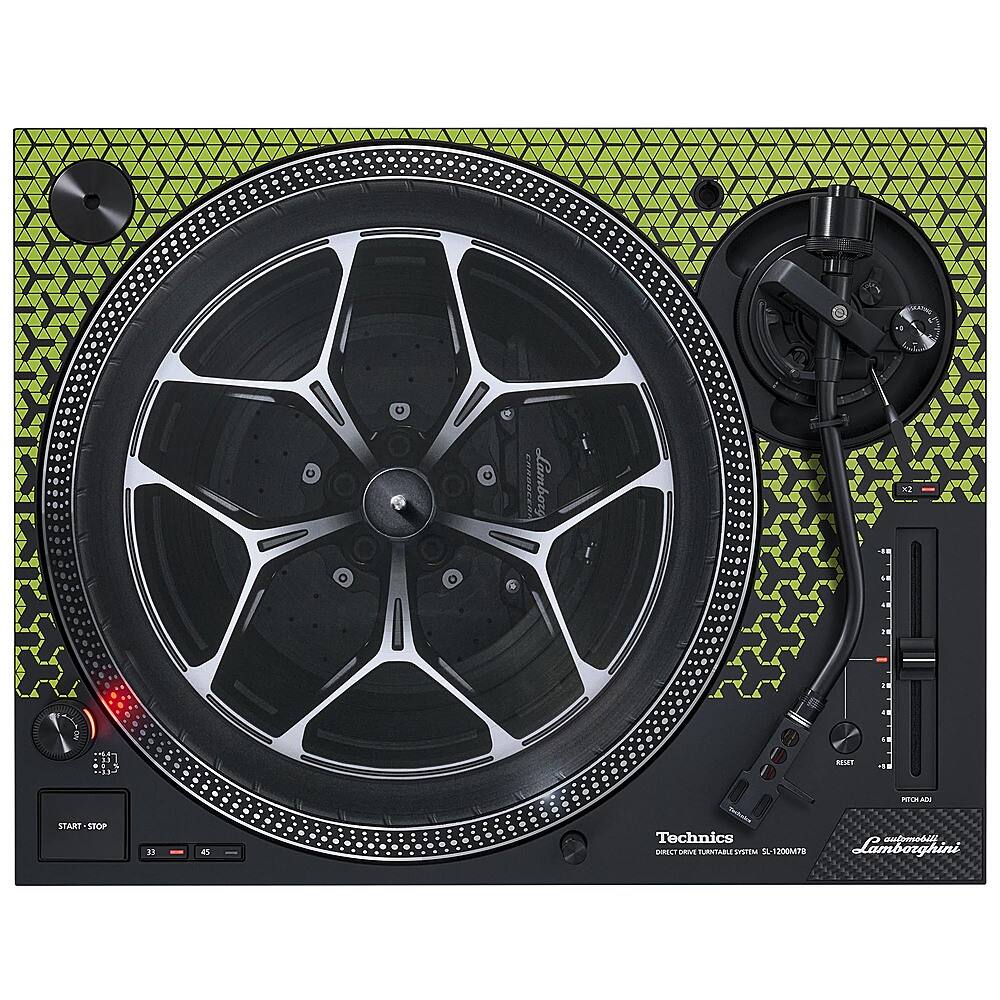 The image features a Technics turntable with a green and black design. The turntable has a large, circular record player with a green and black pattern. The turntable is equipped with a start-stop button and a speed control knob, allowing for precise control of the record player. The turntable is a part of the Lamborghini line, known for its high-quality audio equipment.