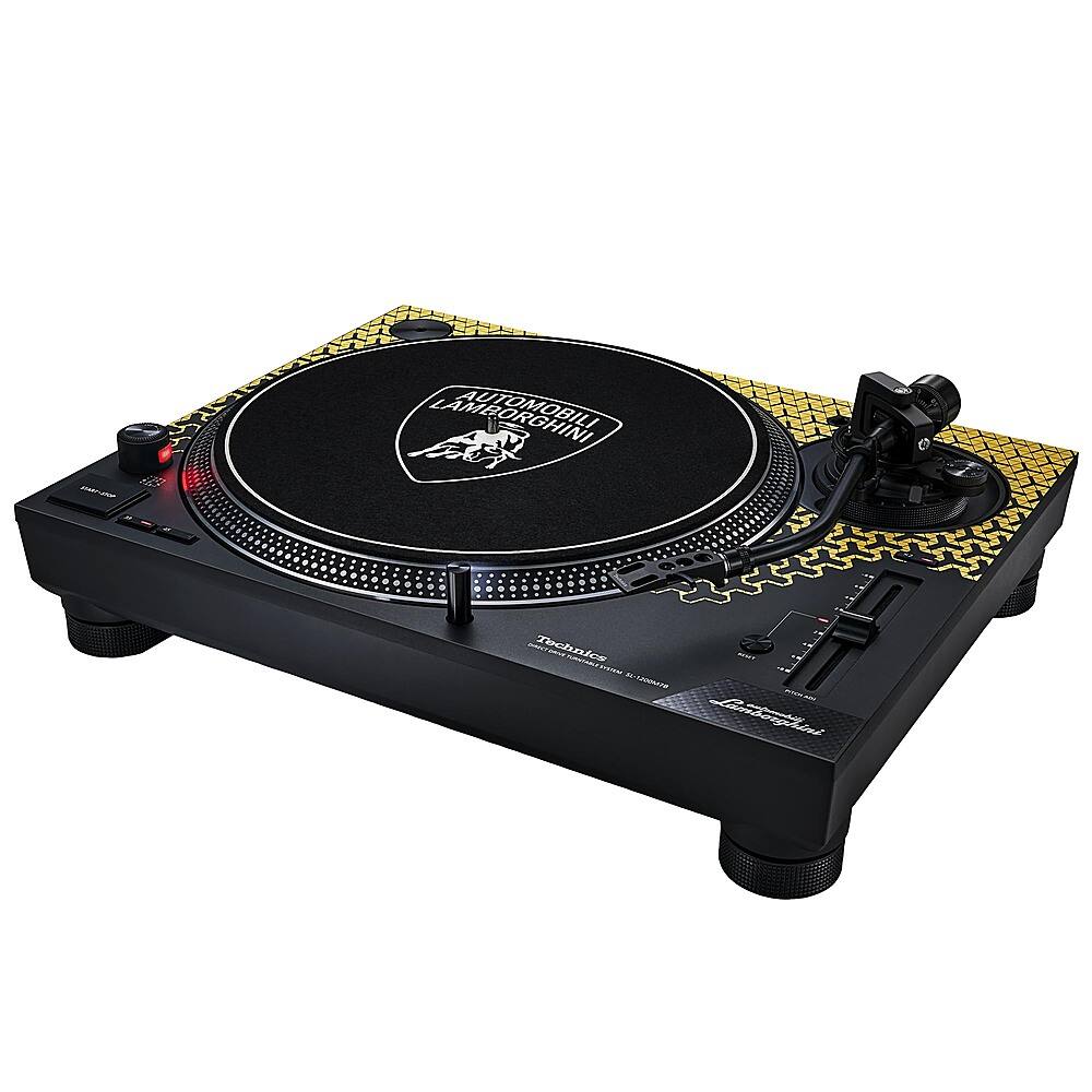 The image features a black and gold turntable with a record on it. The turntable has a black and gold color scheme and is placed on a table. The record is positioned on the turntable, ready to be played. The turntable is a piece of audio equipment used for playing vinyl records, and it is an essential component of a record player.