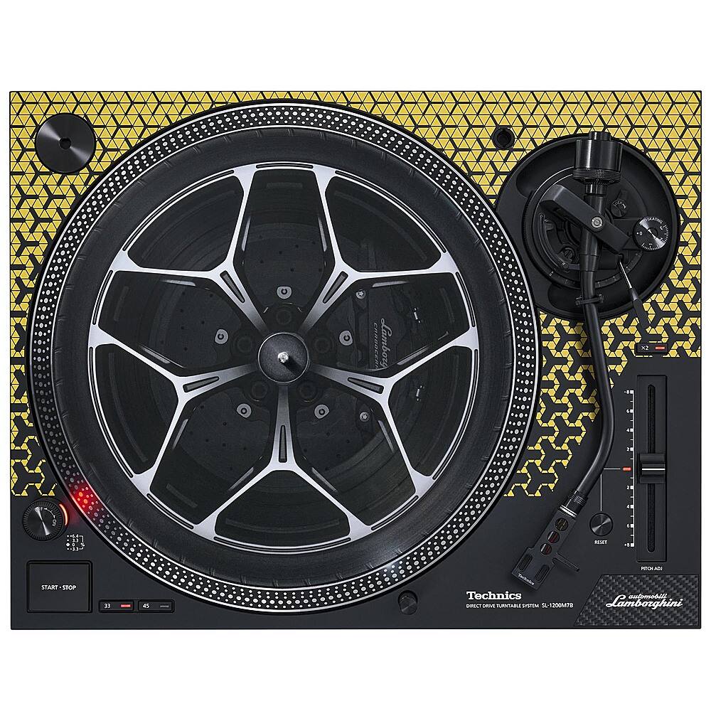 The image features a Technics turntable with a gold and black color scheme. The turntable has a large black disc on top, and it is accompanied by a set of controls. The controls include a start-stop button, a speed button, and a pitch button. The turntable is designed to play 33 records, making it a versatile and functional piece of equipment for DJs and music enthusiasts.