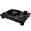 The image features a black and orange turntable with a black record on it. The turntable is placed on a black stand, and there are two knobs on the side of the device. The record is positioned on the turntable, ready to be played.