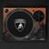 The image features a turntable with a black and orange design, showcasing the Automobili Lamborghini brand. The turntable is placed on a black background, and there is a close-up view of the record player. The design of the turntable is visually appealing, making it an attractive piece for music enthusiasts and Lamborghini fans alike.