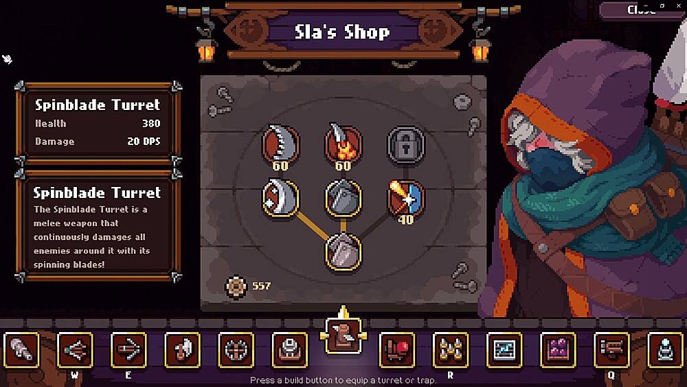 Sla's Shop:

* Spinblade Turret:
	+ Health: 380
	+ Damage: 20
	+ DPS: 60
	+ Range: 60
	+ Description: The Spinblade Turret is a melee weapon that continuously damages all enemies around it with its spinning blades!
	+ Cost: 40
	+ Recharge: 557
	+ Hotkey: W
	+ Equip: E
	+ Remove: Q
	+ Build: A