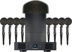 The image features a large black object with a row of microphones attached to it. The microphones are arranged in a circular pattern around the object, with a total of 11 microphones visible. The object appears to be a speaker or a sound amplifier, as it is described as a "speaker system." The microphones are likely used for capturing audio input and enhancing the sound output.