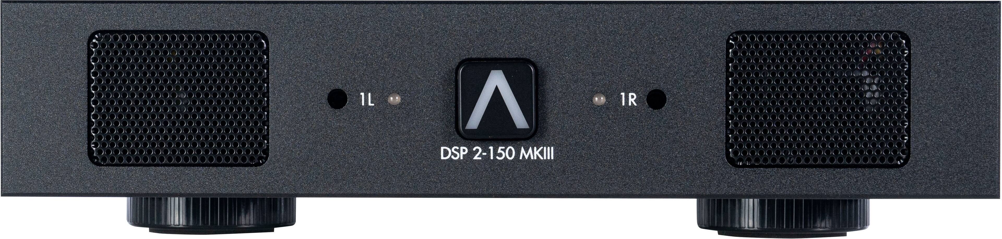 The image features a black electronic device with a large A on the front. The device is accompanied by a smaller black speaker, and both are placed on a white background. The text "1L A DSP 2-150 MKIII 1R" is visible in the image, but it is not the main focus. The main focus is the large A on the front of the device, which stands out against the white background.