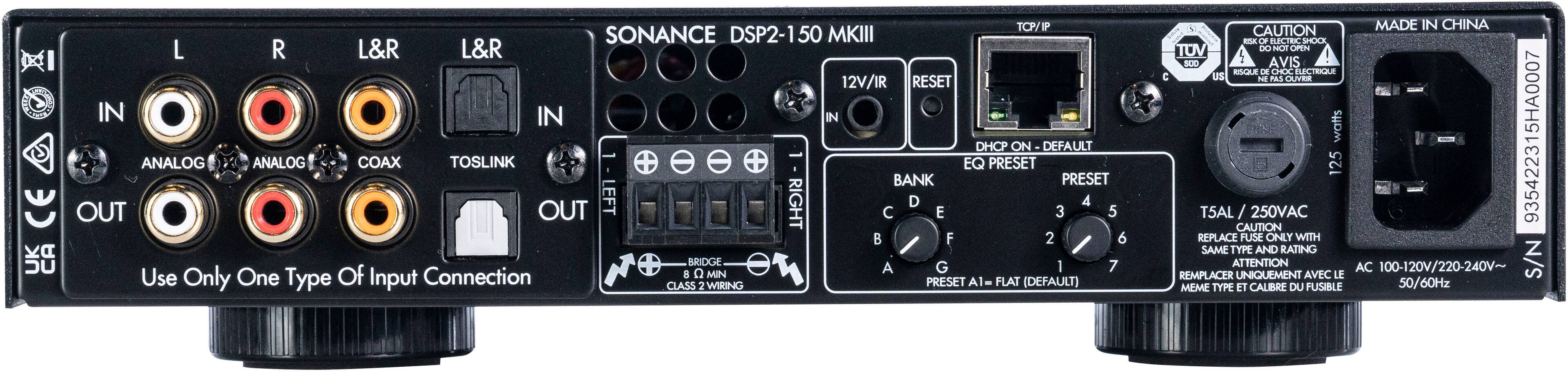 The image features a black electronic device with a variety of input and output options. The device has a total of 12 input/output connections, including a coaxial input and a Toslink input. The device is designed for use with a Class 2 wiring system, and it is made in China. The image also includes a warning to replace the fuse only with the same type and rating. The device is marked with the serial number 935422315HA0007.