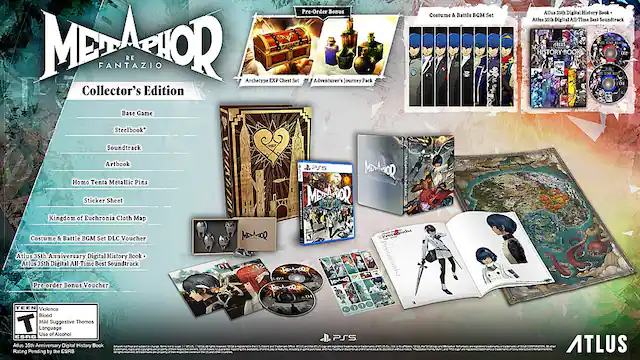 The image features a collection of items related to the game "Megatron." The collection includes a variety of items such as a steelbook, artbook, soundtrack, and other collectibles. The items are displayed in a visually appealing manner, showcasing the different aspects of the game. The collection is likely intended for fans of the game or collectors who appreciate the unique and limited-edition items associated with the game. - T (Teen 13+)