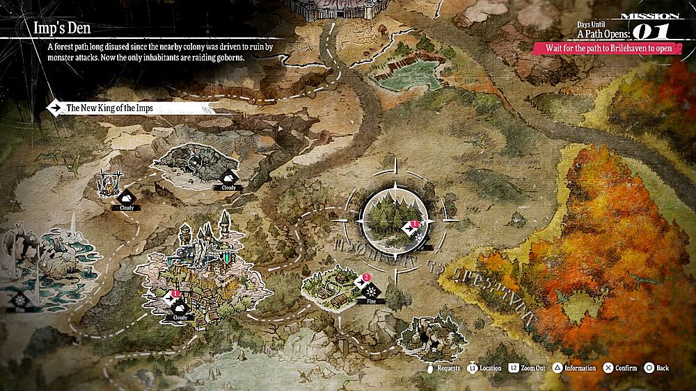 The text on the image reads: "Imp's Den A forest path long disused since the nearby colony was driven to ruin by monster attacks. Now the only inhabitants are raiding goborns. DAie MISSION Days Until A Path Opens: 01 Wait for the path to Brilehaven to open The New King of the Imps Cloudy Cloudy Fine SUEPHYIT Requests L Location L2 Zoom Out A Information x Confirm Back".