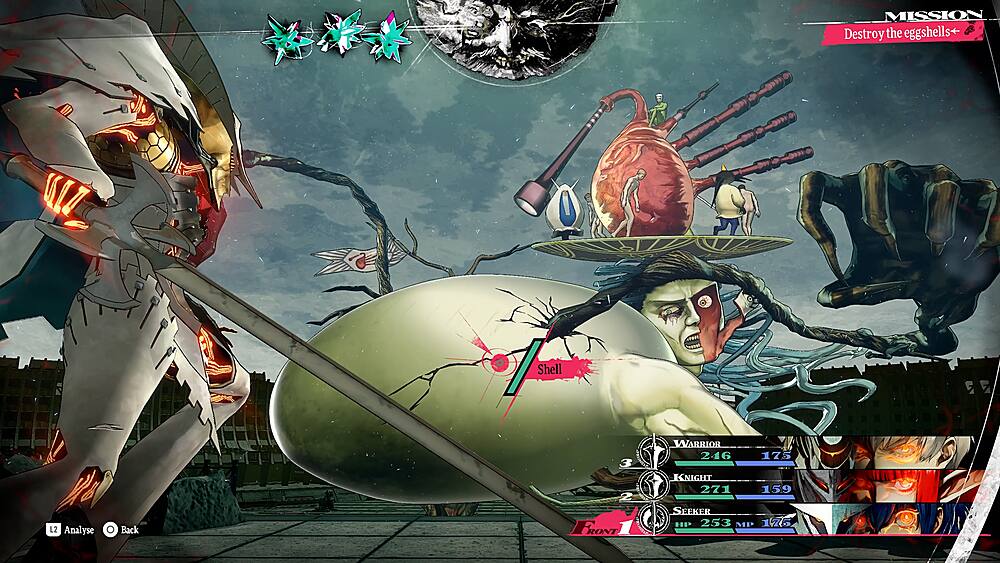 The text on the image reads: "MISSION: Destroy the eggshells. VIZ: Shell Ra L2. Analyse Back 3. FRONT 1. WARRIOR 2-16. 175. KNIGHT 271. 159. EEKER DEP 253 MP 176."