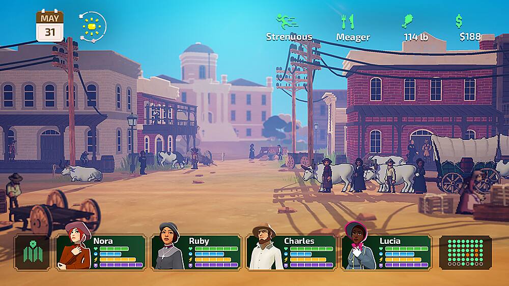 The image shows a video game with a town setting, featuring a group of four characters. The characters are positioned in a row, with one character on the left, two in the middle, and one on the right. The game is set in a western town, and the characters are likely cowboys or cowgirls.

The game is displayed on a screen, and the characters are shown in a row, with each character having a different appearance. The game is likely a role-playing game or an adventure game, where the players control these characters as they navigate through the town and interact with other characters or elements in the game.