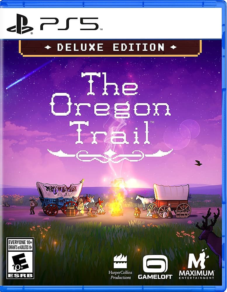 The Oregon Trail Deluxe Edition for PS5 features a beautifully illustrated cover and is rated E for Everyone. It is suitable for players of all ages, including children and adults. The game is developed by Gameloft Entertainment and published by HarperCollins.