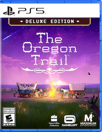 The Oregon Trail Deluxe Edition for PS5 features a beautifully illustrated cover and is rated E for Everyone. It is suitable for players of all ages, including children and adults. The game is developed by Gameloft Entertainment and published by HarperCollins. - E10+ (Everyone 10+)