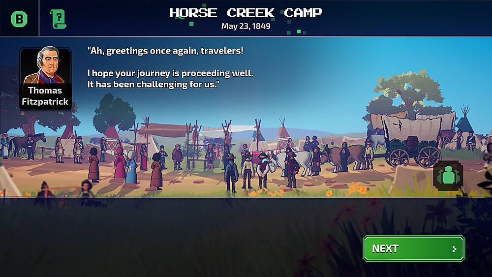 The largest text reads "Horse Creek Camp May 23, 1849." The following text is "Ah, greetings once again, travelers! Thomas Fitzpatrick I hope your journey is proceeding well. It has been challenging for us."