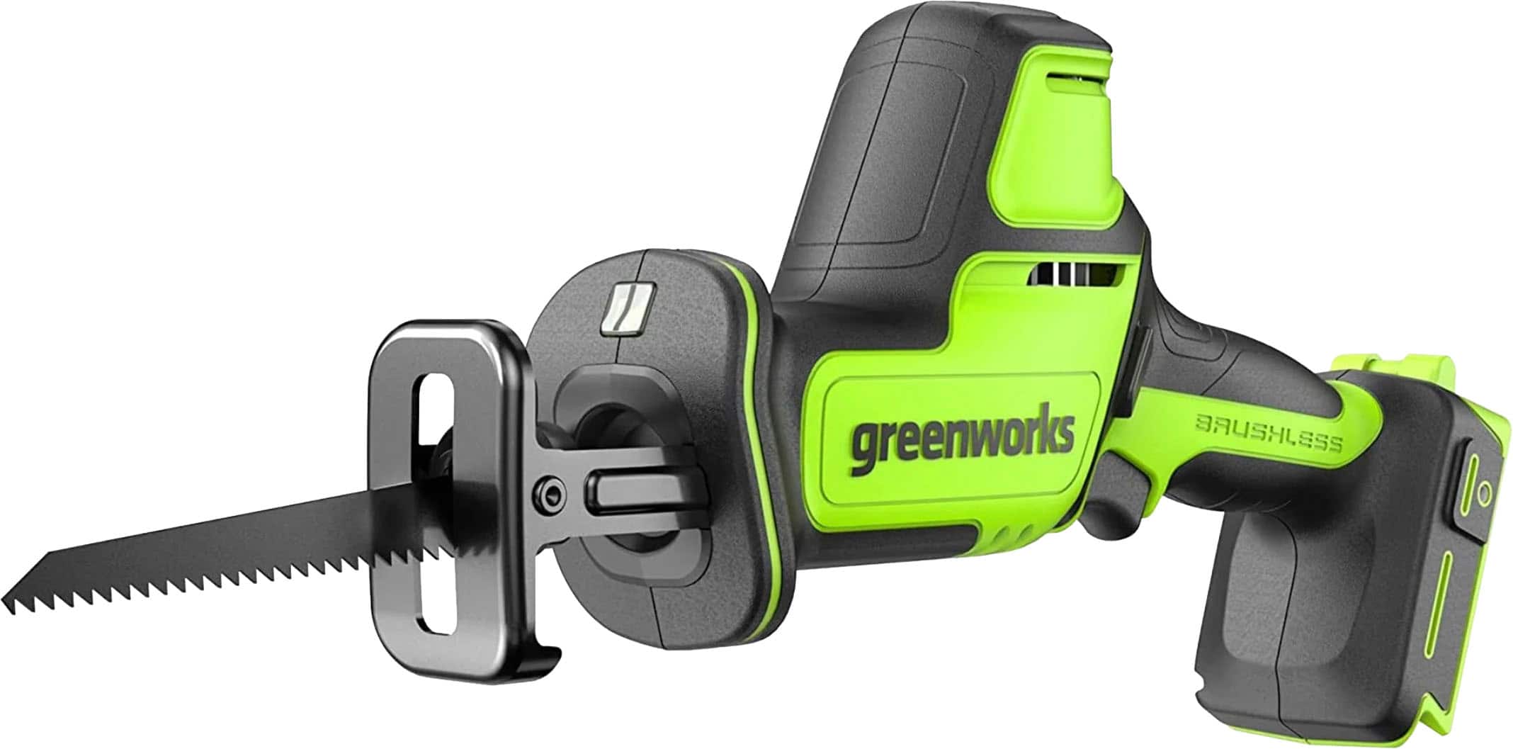 Angle. Greenworks - 24V 5 Tool Combo Kit - Drill, Impact Driver, Recip Saw, Light, Bluetooth Speaker, 2Ah + 4Ah Batteries, & Charger - Green.