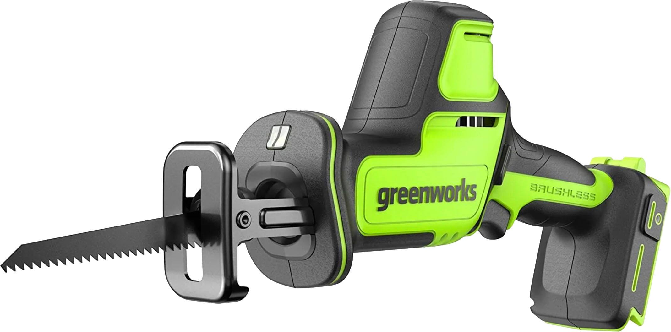 Angle. Greenworks - 24V 5 Tool Combo Kit - Drill, Impact Driver, Recip Saw, Light, Bluetooth Speaker, 2Ah + 4Ah Batteries, & Charger - Green.