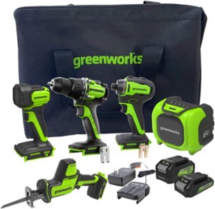 Greenworks - 24V 5 Tool Combo Kit - Drill, Impact Driver, Recip Saw, Light, Bluetooth Speaker, 2Ah + 4Ah Batteries, & Charger - Green