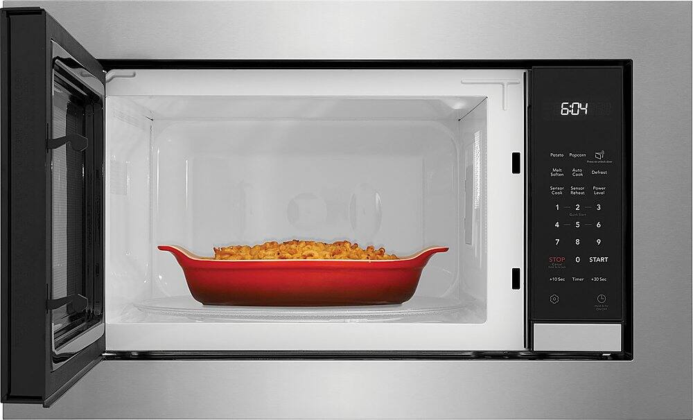 The text on the image reads "6:04 Potato Popcorn ~a Melt Soften Auto Cook Defrost Sensor Sensor Power Cook Reheat Level 1 2 3 4 5 6 7 8 9 STOP 0 START 10 Sec Timer +30 Sec."