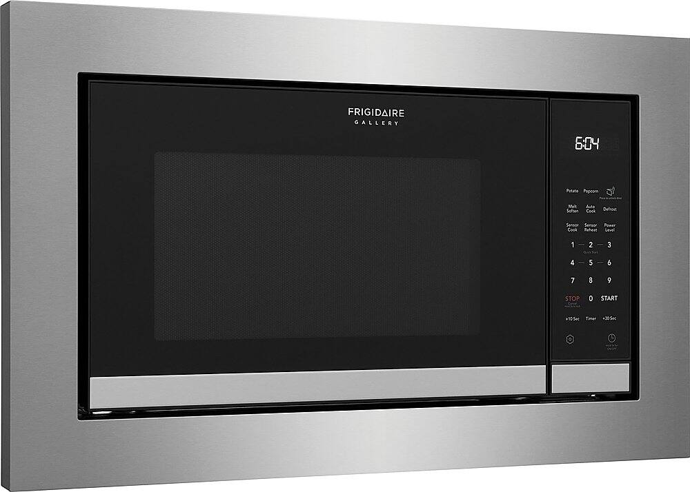 The text on the image reads: "Frigidaire Gallery 6:04 Potato Popcorn Me't Suften Cook Defrost Sensor Sensor Power Cook Raheaci Level 1 2 3 4 | 5 6 7 8 9 STOP 0 START +105ec Timer +305 Sec."