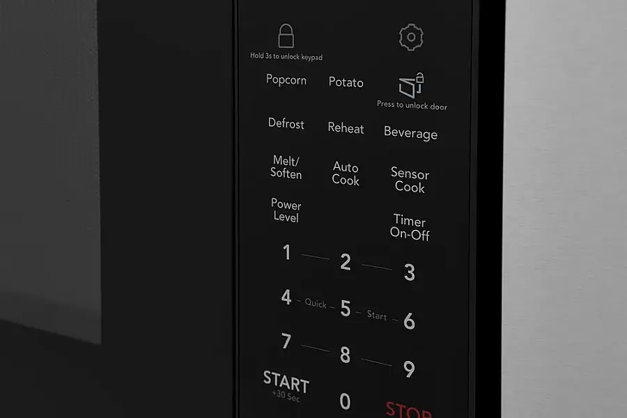 Hold 3s to unlock keypad. Popcorn, Potato, Press to unlock door. Defrost, Reheat, Beverage, Melt/ Auto Soften, Cook Sensor, Cook, Power Level, Timer On-Off. 1, 2, 3, 4 - Quick, 5 - Start, 6, 7, 8, 9, START +30 Sec, 0, STOP.
