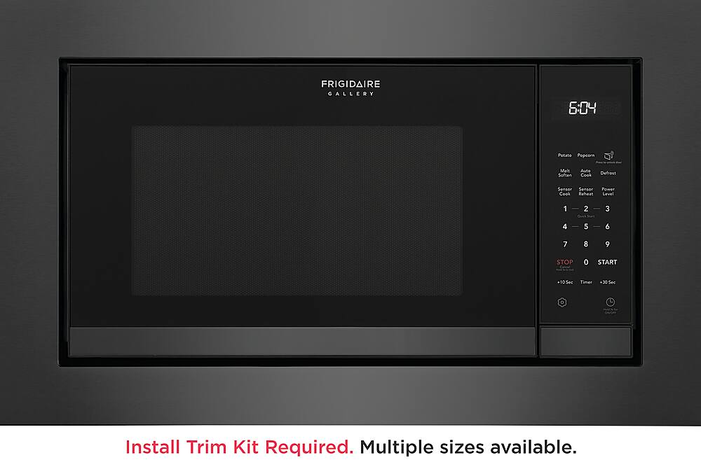 The text on the image is grouped and corrected as follows:

"Frigidaire Gallery 6:04 Potato Pepper Melt Soften Cook Defrost Sensor Cook Reheat Power Level 1-4 | 2 Guk Sran 5-3-6-7-8-9 STOP 0 START +10 Sec Timer +30 Sec Install Trim Kit Required. Multiple sizes available."