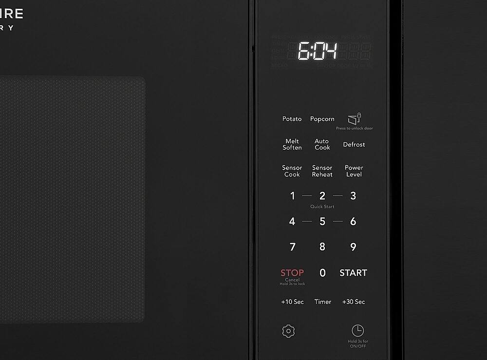 IRE R Y 6:04 a Potato Popcorn Press to unlock door Melt Soften Auto Cook Defrost Sensor Sensor Cook Reheat Power Level 1 2 | Quick Start 3 4 I 5 | 6 7 8 9 STOP Cancel Holiday 3s to lock 0 START +10 Sec Timer +30 Sec Hold 3s for ON/OFF