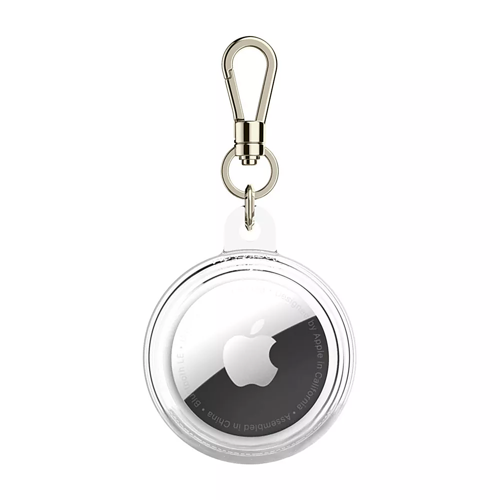 The image features a clear glass Apple logo keychain. The keychain is designed by Apple and is assembled in China. It is made of glass and has a metal ring for attaching to keys or bags. The Apple logo is prominently displayed on the keychain, making it a stylish and functional accessory for Apple enthusiasts.