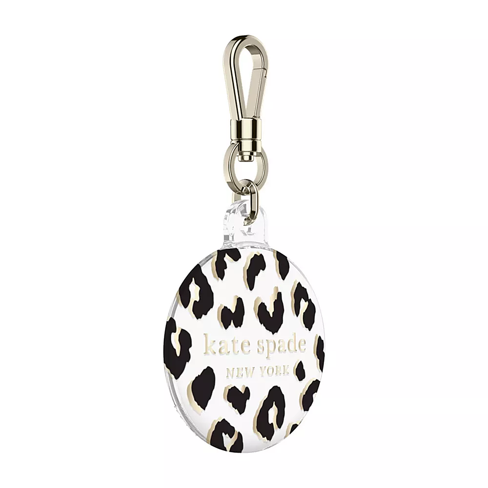 The image features a Kate Spade New York item tracker case. The case is black and white with a leopard print design. The case is attached to a keychain, making it easy to locate and identify. The case is designed to hold a cell phone, providing protection and style to the device. The Kate Spade brand is known for its fashionable and functional accessories, and this item tracker case is no exception.