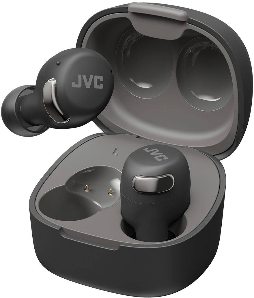 The image features a pair of JVC earbuds placed inside a small black case. The earbuds are designed for comfortable and secure fit, providing users with an enjoyable listening experience. The case is compact and portable, making it easy to carry around and store.