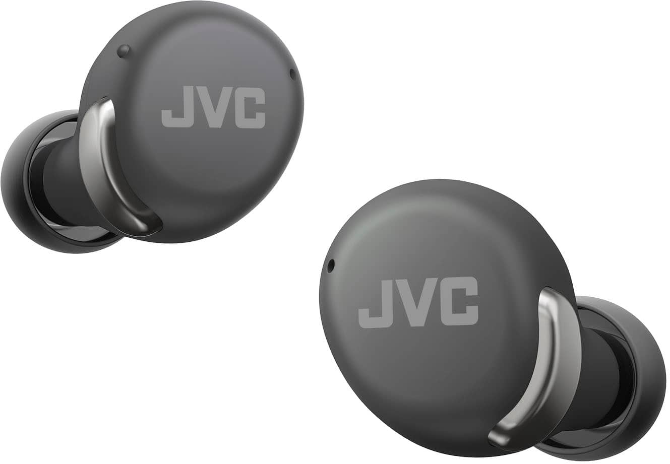The image features two JVC earphones, which are small and gray in color. They are placed next to each other, showcasing the brand name "JVC" on each earphone. The earphones are designed for personal use and provide a comfortable fit for the user's ears.