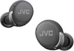 The image features two JVC earphones, which are small and gray in color. They are placed next to each other, showcasing the brand name "JVC" on each earphone. The earphones are designed for personal use and provide a comfortable fit for the user's ears.