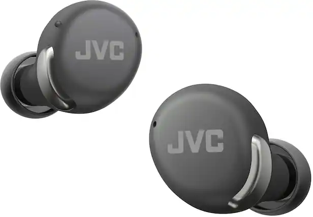 The image features two JVC earphones, which are small and gray in color. They are placed next to each other, showcasing the brand name "JVC" on each earphone. The earphones are designed for personal use and provide a comfortable fit for the user's ears.